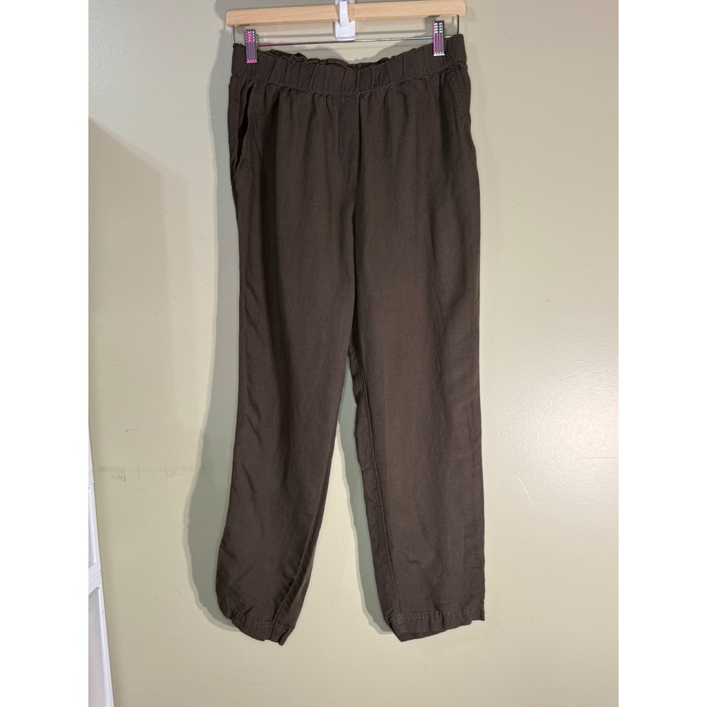 HM Dark Brown Linen Blend Elastic Waist Pull On Tapered Pants Size 6 07194639